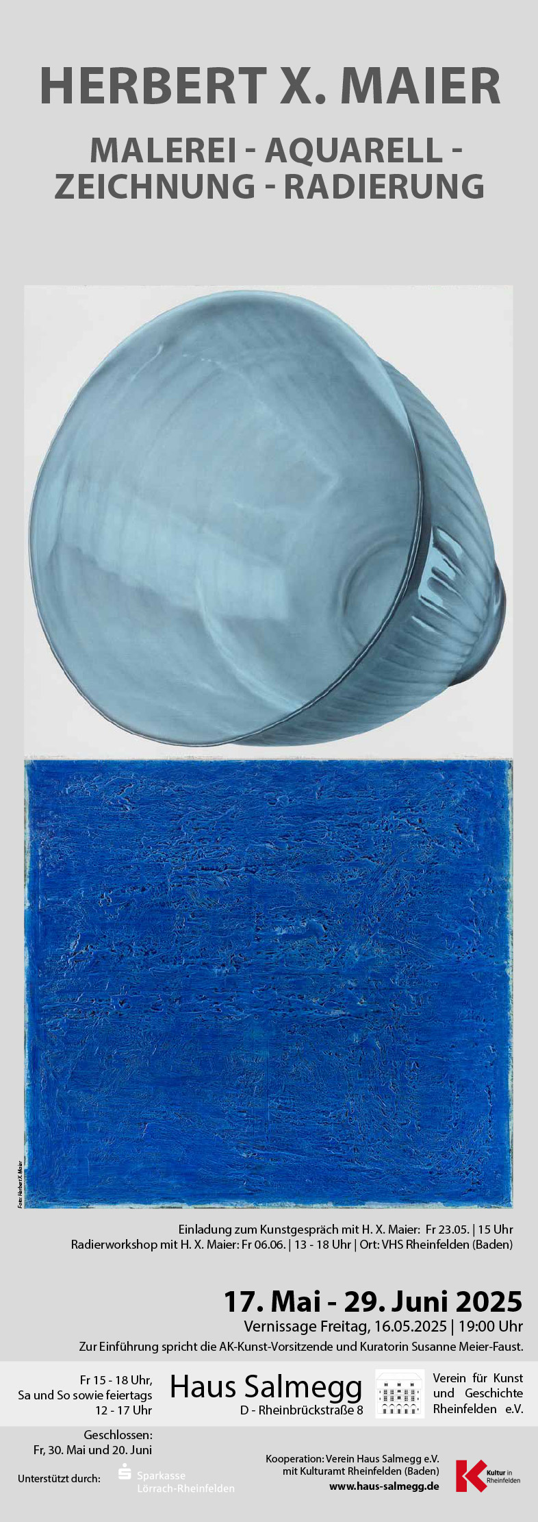 Flyer zur Kunstausstellung von Herbert X. Maier im Haus Salmegg 2025 mit Malerei, Aquarellen, Zeichnungen und Radierungen