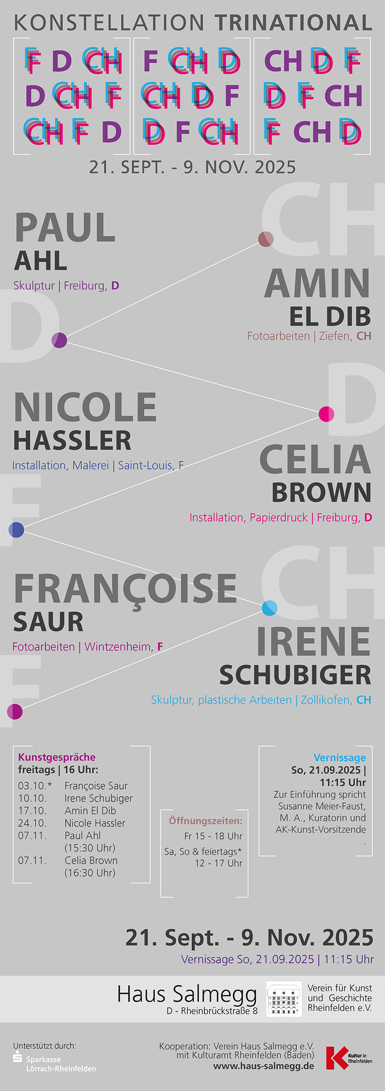 Flyer zur Kunstausstellung Konstellation Trinational 2025 mit Werken aus Deutschland, Frankreich und der Schweiz im Haus Salmegg, Rheinfelden