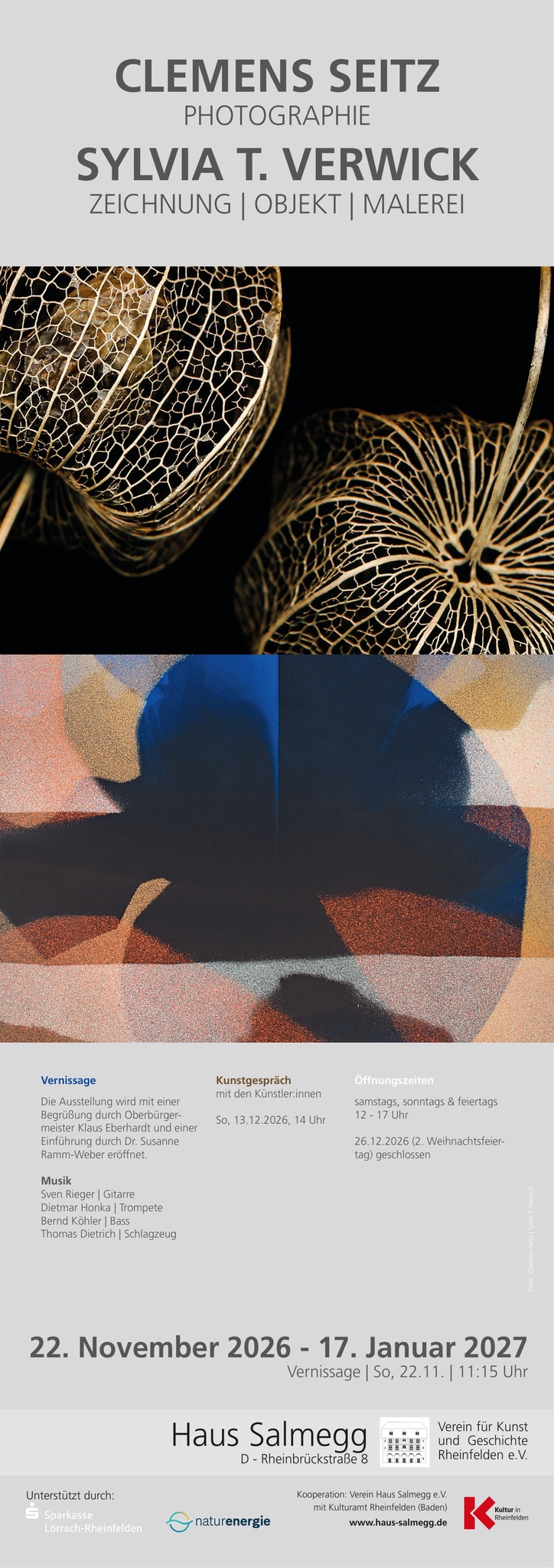 Ausstellungsplakat zur Kunstausstellung von Clemens Seitz und Sylvia T. Verwick im Haus Salmegg in Rheinfelden, 22. November 2026 bis 17. Januar 2027.